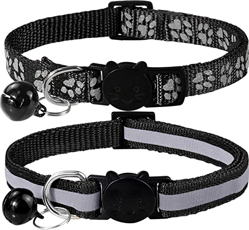 Taglory Reflektierend Katzenhalsband mit Sicherheitsverschluss und Glöckchen, 2-Stück Verstellbar Halsband Katze Kitten, 19-32cm Schwarz