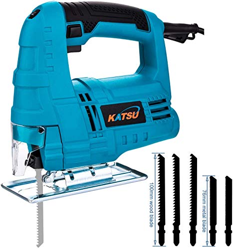 Stichsäge, KATSU 400W Elektro Stichsäge mit 5 Klingen, 0~3000 RPM, Schnittwinkel ± 45°, Variablen Geschwindigkeiten, zum Schneiden von Kunststoff, Holz, Stahl (Budgetbereich) 101624