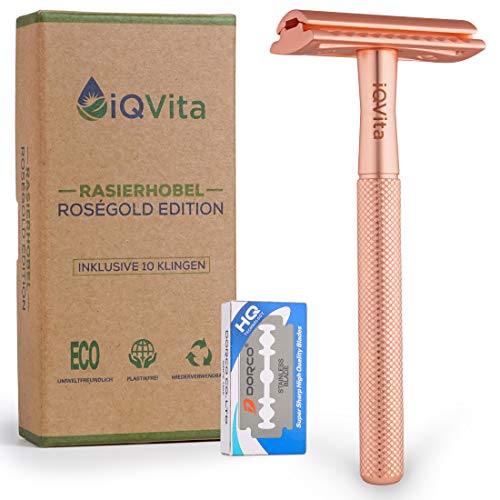 iQVita® Premium Rasierhobel Damen - Rosegold - inkl. 10 Rasierklingen - plastikfreier Rasierer für Frauen - Umweltfreundlich & Nachhaltig - Zero Waste - inkl. eBook