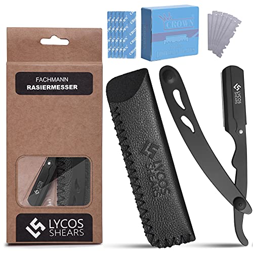 LYCOS SHEARS Rasiermesser Set mit 100 Rasierklingen. Professionelle Friseur Rasierer 100% Super Edelstahl - Barbier Rasier Messer für präzise Bart-Nassrasur für Männer