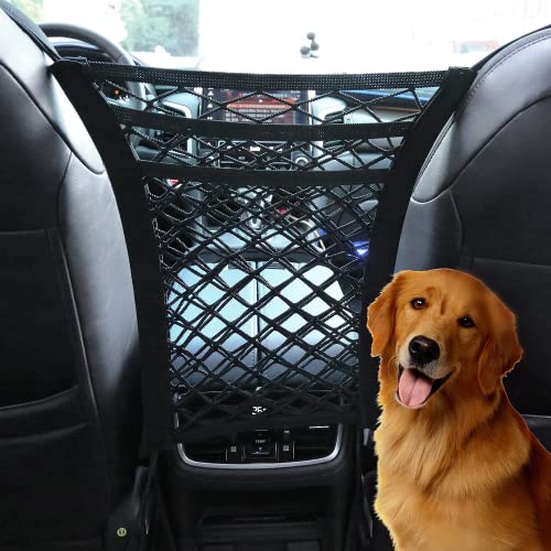 Sanfnz 3 Schichten Autonetz Autositz Aufbewahrungsnetz mit 2 Taschen, Netz mit Haken und dehnbarer Netzbarriere, Auto-Hundegitter Autonetzbarriere für Hund, Haustier oder Kinder, 30 * 28cm Schwarz