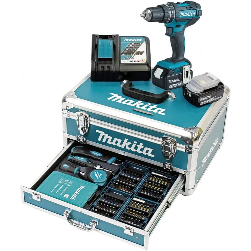 Makita DHP482RFX9 Akku-Schlagbohrschrauber 18V / 3,0 Ah, 2 Akkus + Ladegerät im Alukoffer + 96-tlg. Zubehör-Set