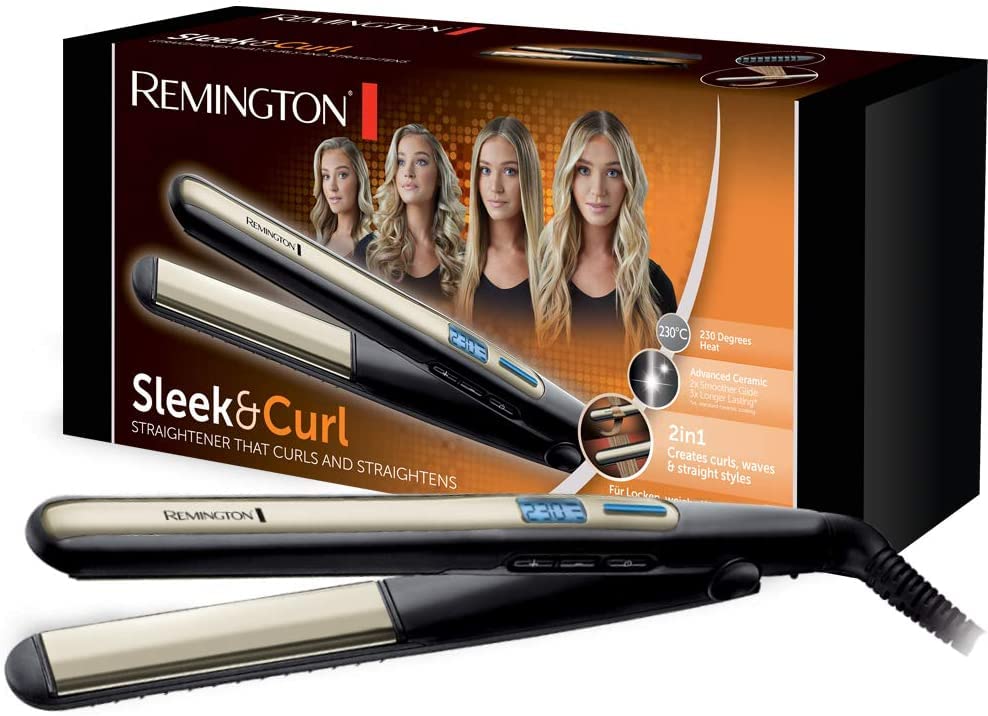 Remington Glätteisen Sleek & Curl (abgerundetes Design -ideal zum Glätten & Stylen von Locken und Wellen, hochwertige Ultra-Turmalin-Keramikbeschichtung) LCD-Display, 150-230°C, Haarglätter S6500