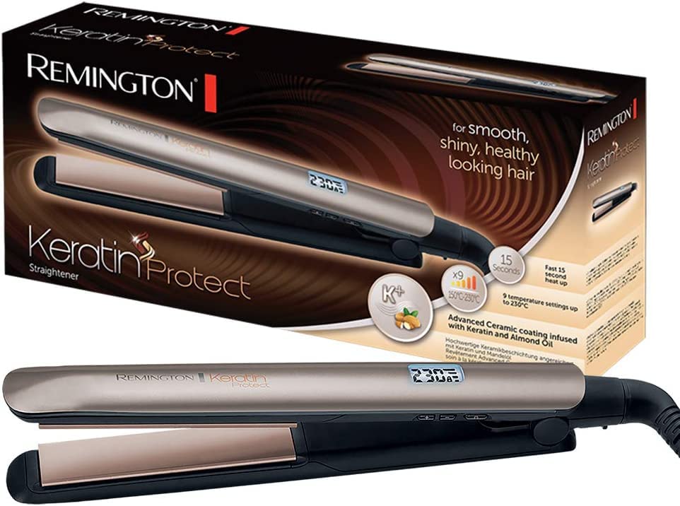 Remington Glätteisen [hochwertige Beschichtung] Keratin (Keramikbeschichtung mit Keratin & Mandelöl angereichert) LCD-Display, 10 Temperatureinstellungen 150-230°C, Haarglätter S8540