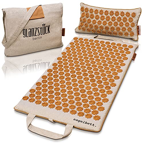 Glanzstück Berlin® Health Collection: XL Akupressurmatte Set Premium aus Leinen, Hilfe bei Verspannungen, Rückenschmerzen, Massagematte mit Kissen (mit Wärmefunktion) & Tasche, nachhaltig