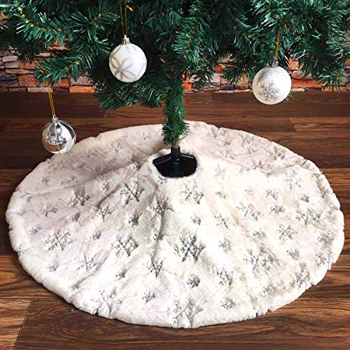Tacobear Weihnachtsbaumdecke rund 122cm Baumdecke mit Schneeflocke Weihnachtsbaum Rock Weiß Plüsch Groß Christbaumdecke Weihnachtsbaum Deko für Weihnachten Neujahr Dekoration (Silber)