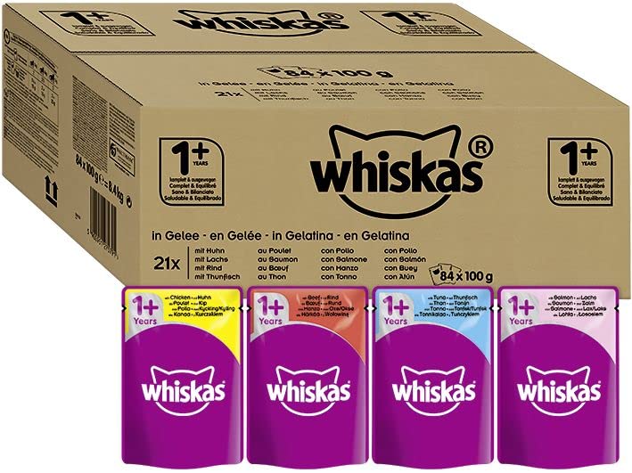 Whiskas 1+ Katzennassfutter – Geflügel Auswahl in Gelee – Hochwertiges Feuchtfutter für ausgewachsene Katzen im Portionsbeutel – Katzenfutter – Großpackung (84 x 100g)