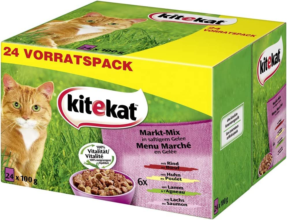 Kitekat Katzenfutter Nassfutter Markt-Mix in Gelee – Feuchtfutter in 48 Portionsbeuteln – 2er Pack (2 x 24 Portionsbeutel à 100g)